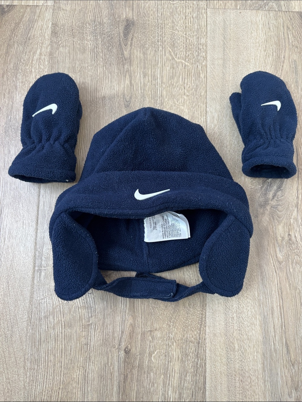 Nike Toddler Navy Fleece Earflap Hat with Matching Mittens